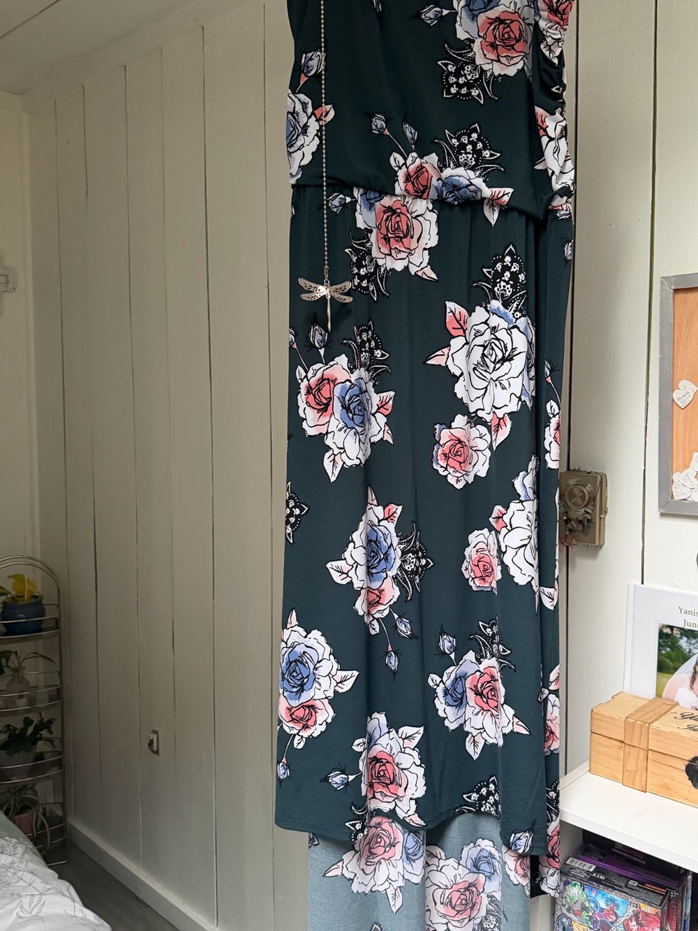 Maurices Dark Teal Floral Maxi Dress with Pink & Blue Roses